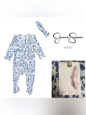 🆕JESSICA SIMPSON BABY - 3/6M - NWT - 2PC BLUE FLORAL SLEEPER AND HEADBAND